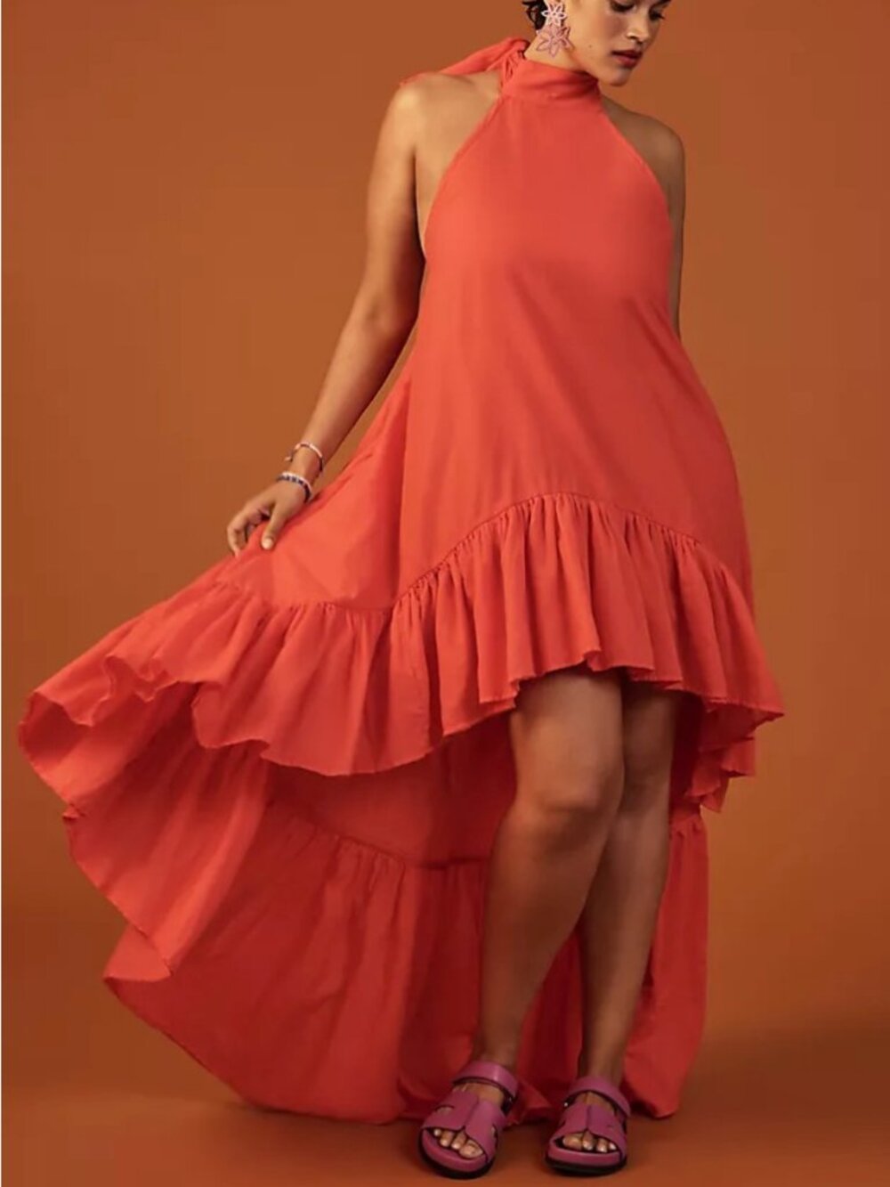 NWT Anthropologie Erika Peña Cotton High-Low Coral Halter M/L Dress